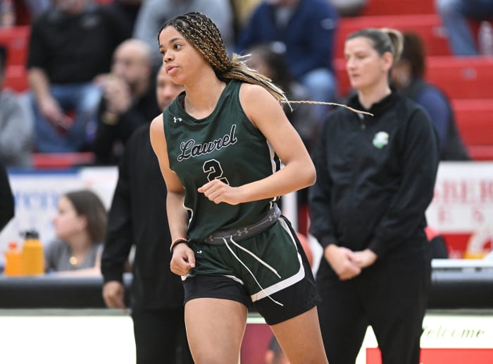 Laurel's Saniyah Hall gets introduced prior to a game against Purcell Marian on January 16, 2023